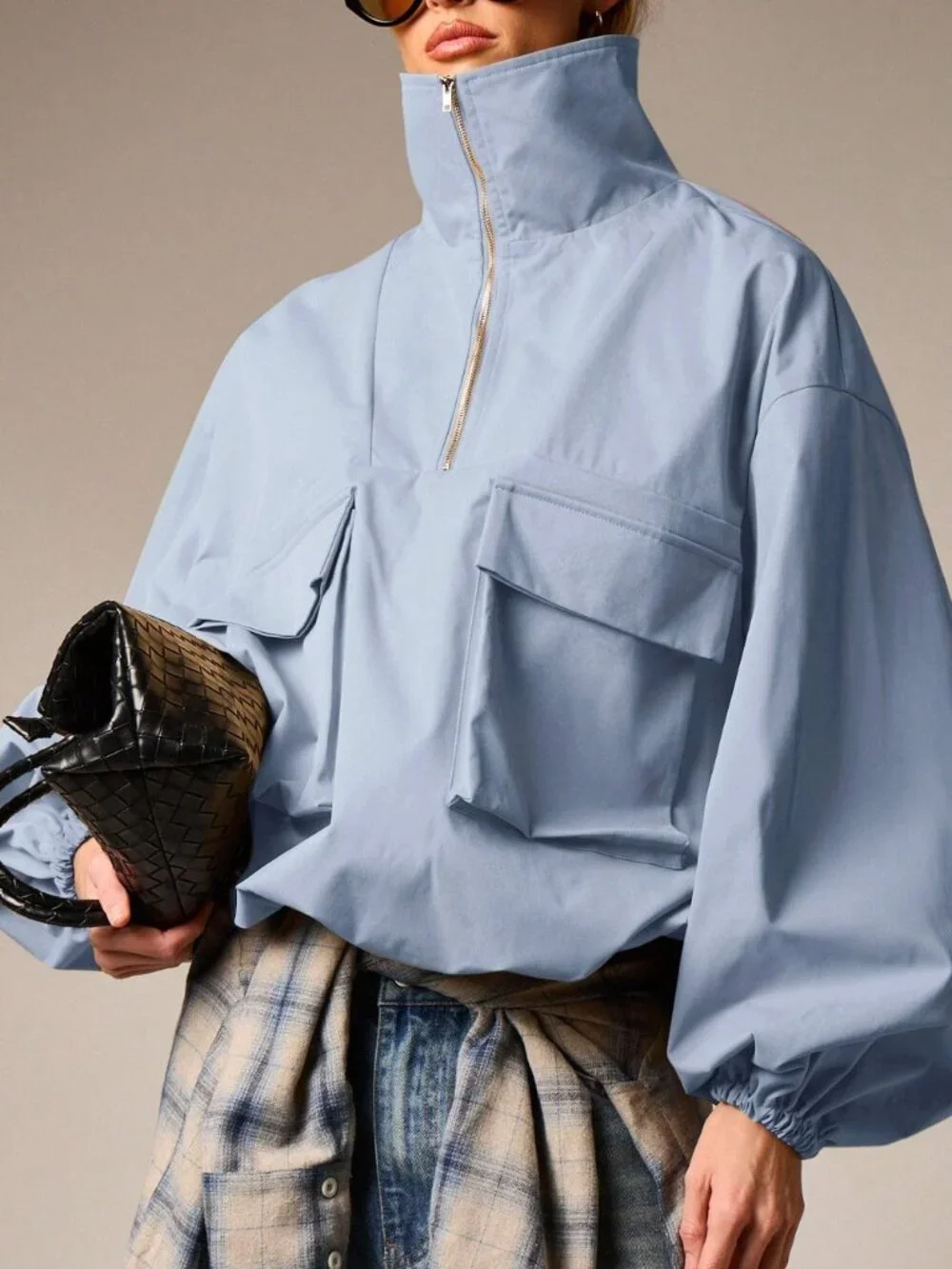 Blue Casual Women's Oversized Quarter-Zip Track Top Jacket